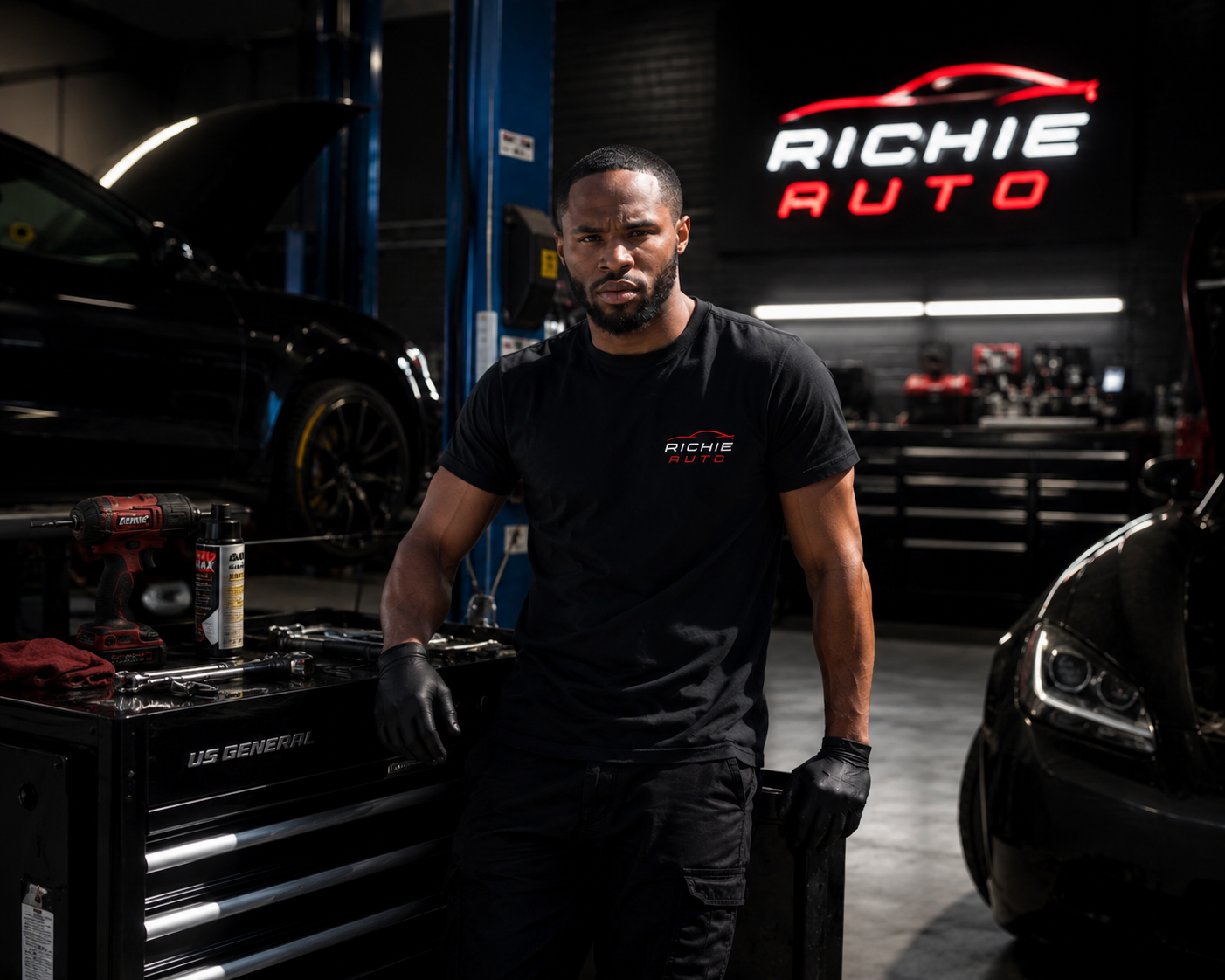 Richie standing in his garage in front of the Richie Auto sign